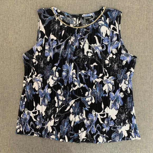 Roz & Ali Textured Floral Sleeveless Blouse Gold Chain Neckline Large Blue Black - Picture 1 of 15